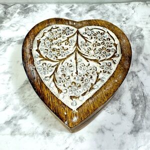 Handmade Carved Wooden Heart Shaped Jewelry Trinket Box, Made In india